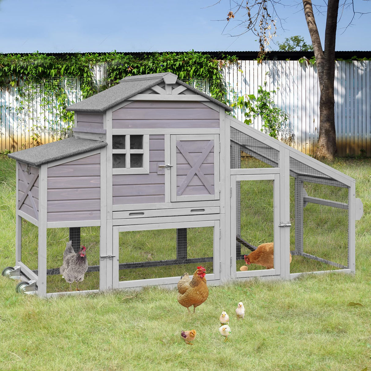 Mobile wooden coop with dual nesting box and wire pen