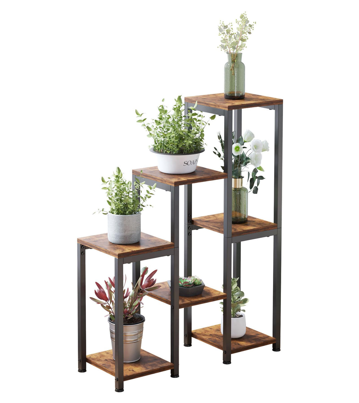 Modern 3-tier plant stand with 7 potted plants
