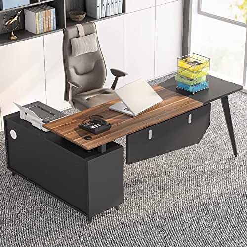 Modern L-Shaped Office Desk with Storage Cabinet and Shelves