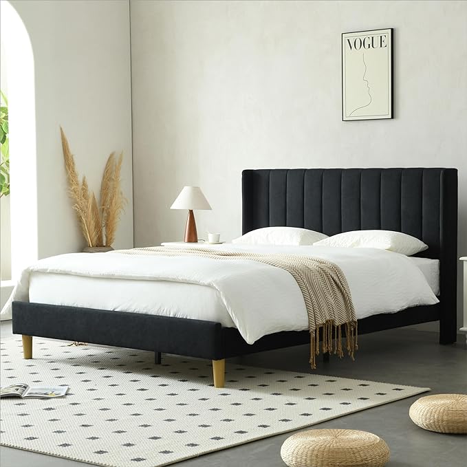 Modern Upholstered Bed Frame in Black with Wingback Headboard