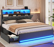 Modern bed frame with LED-lit headboard and storage drawers
