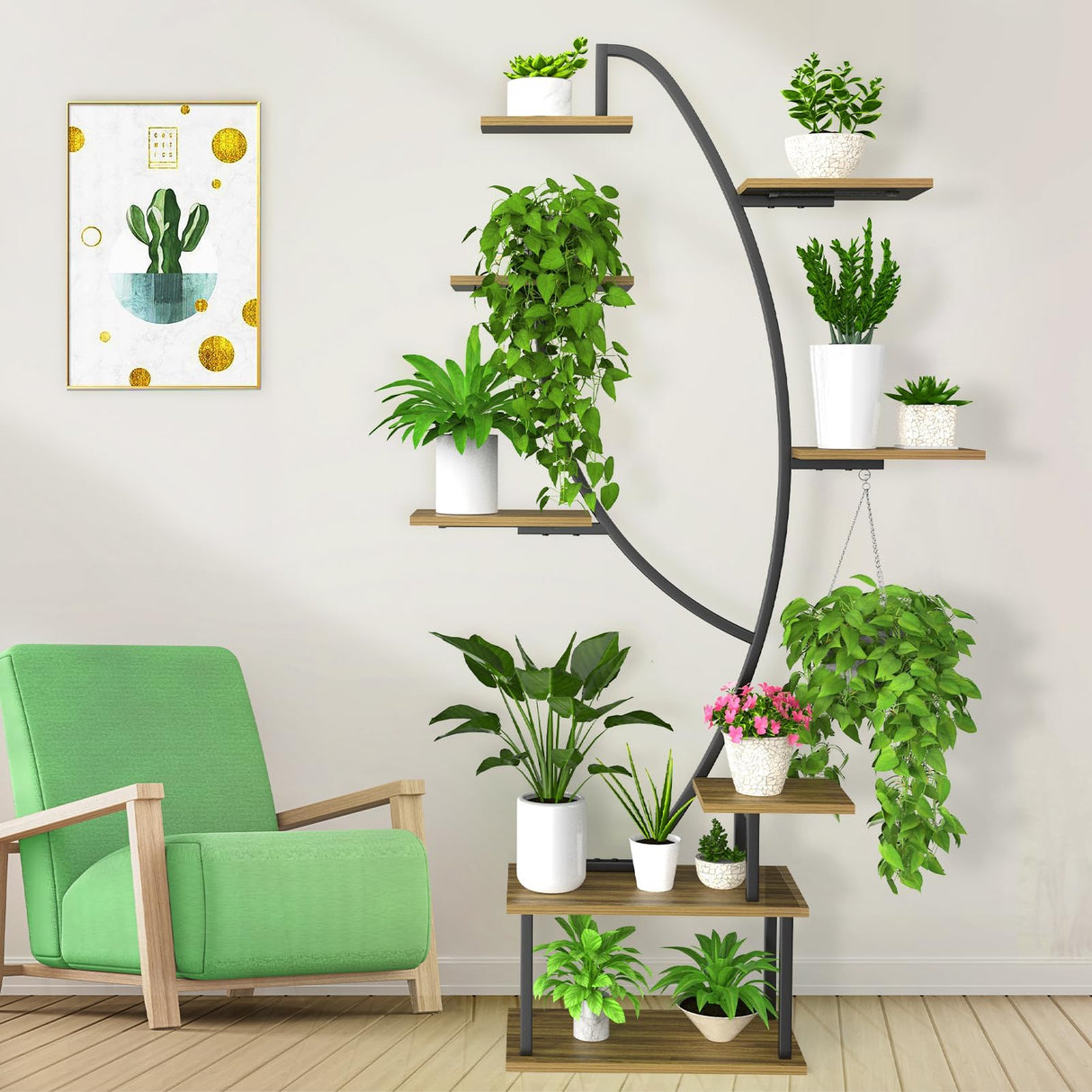 Modern black metal plant shelf with curved design and hanging spots