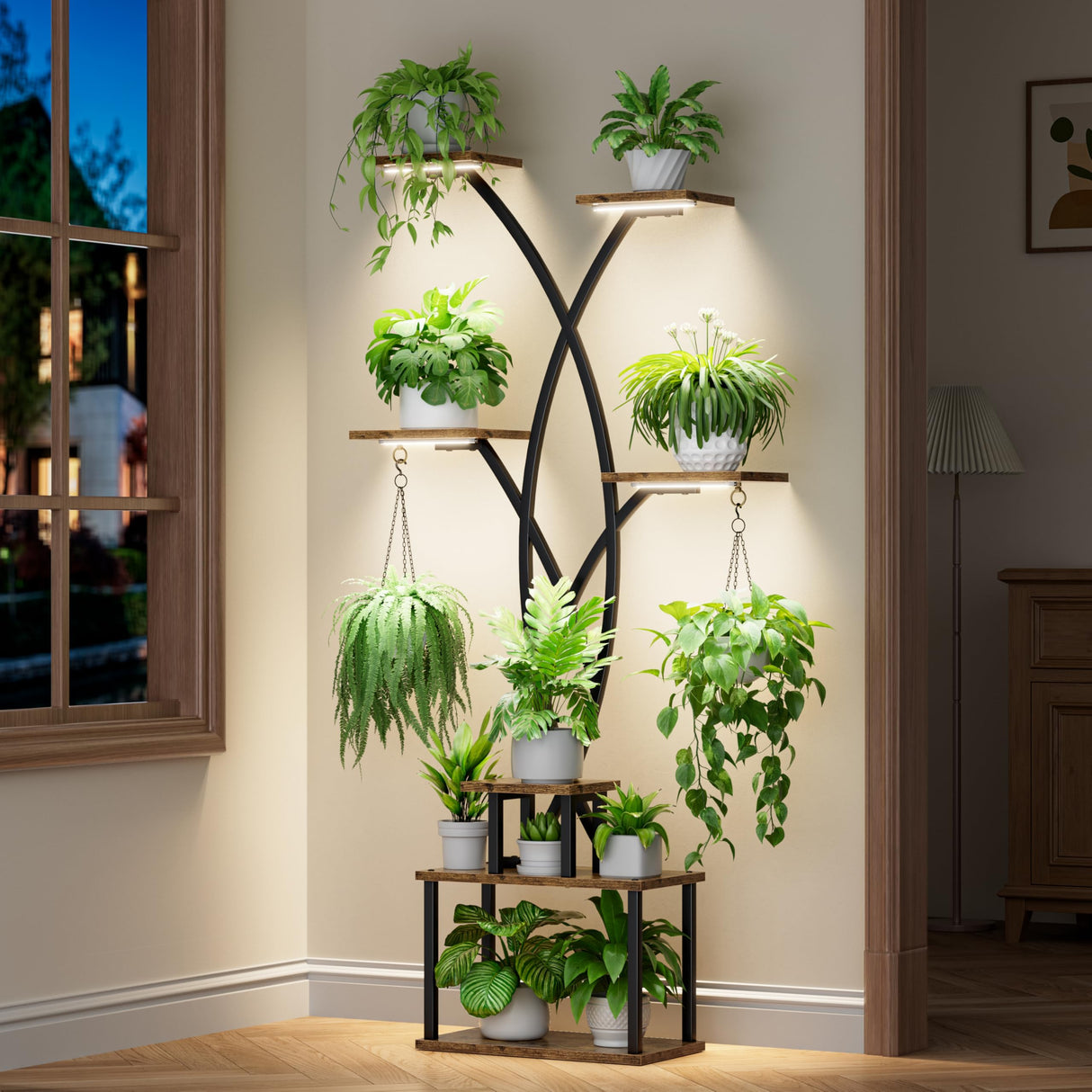 Modern indoor plant stand with sturdy metal frame and hanging hooks
