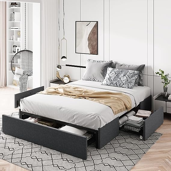Modern queen size platform bed with upholstered frame, storage drawers, and a sleek black finish, perfect for contemporary bedrooms.