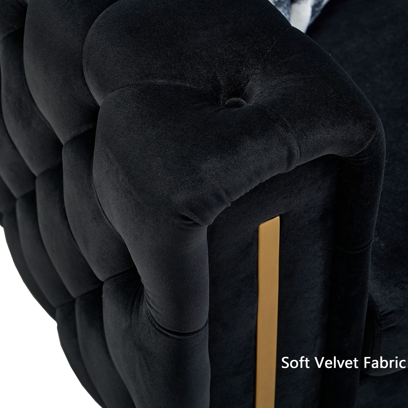 Modern velvet sofa with tufted design and gold metal legs