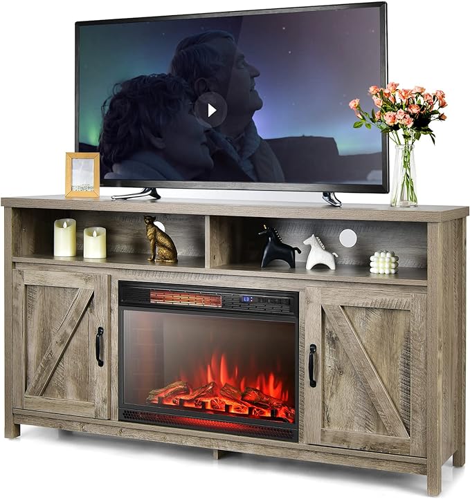 Electric TV Stand, for TVs up to 65 Inches, with 25 Inch 1350W Reccessed Faux Fireplace