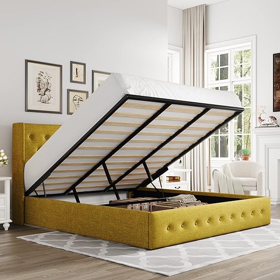 King Size Lift Up Storage Bed, Button Tufted Headboard with Wingback