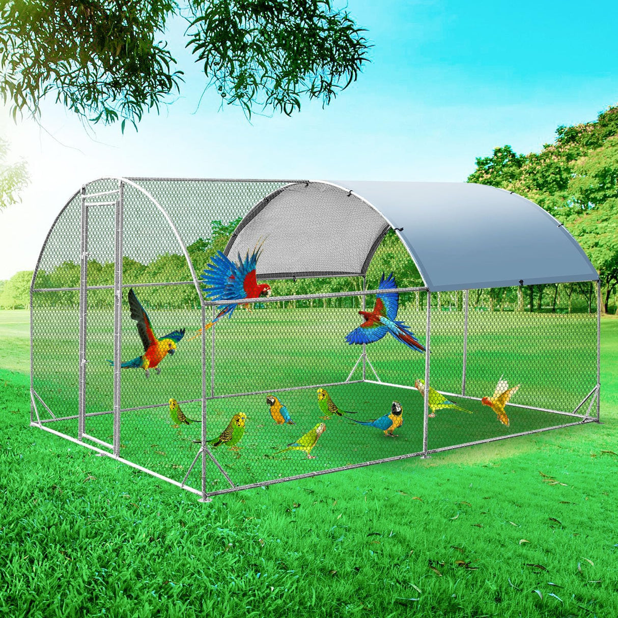 Outdoor poultry cage with triangular supports and predator-proof mesh
