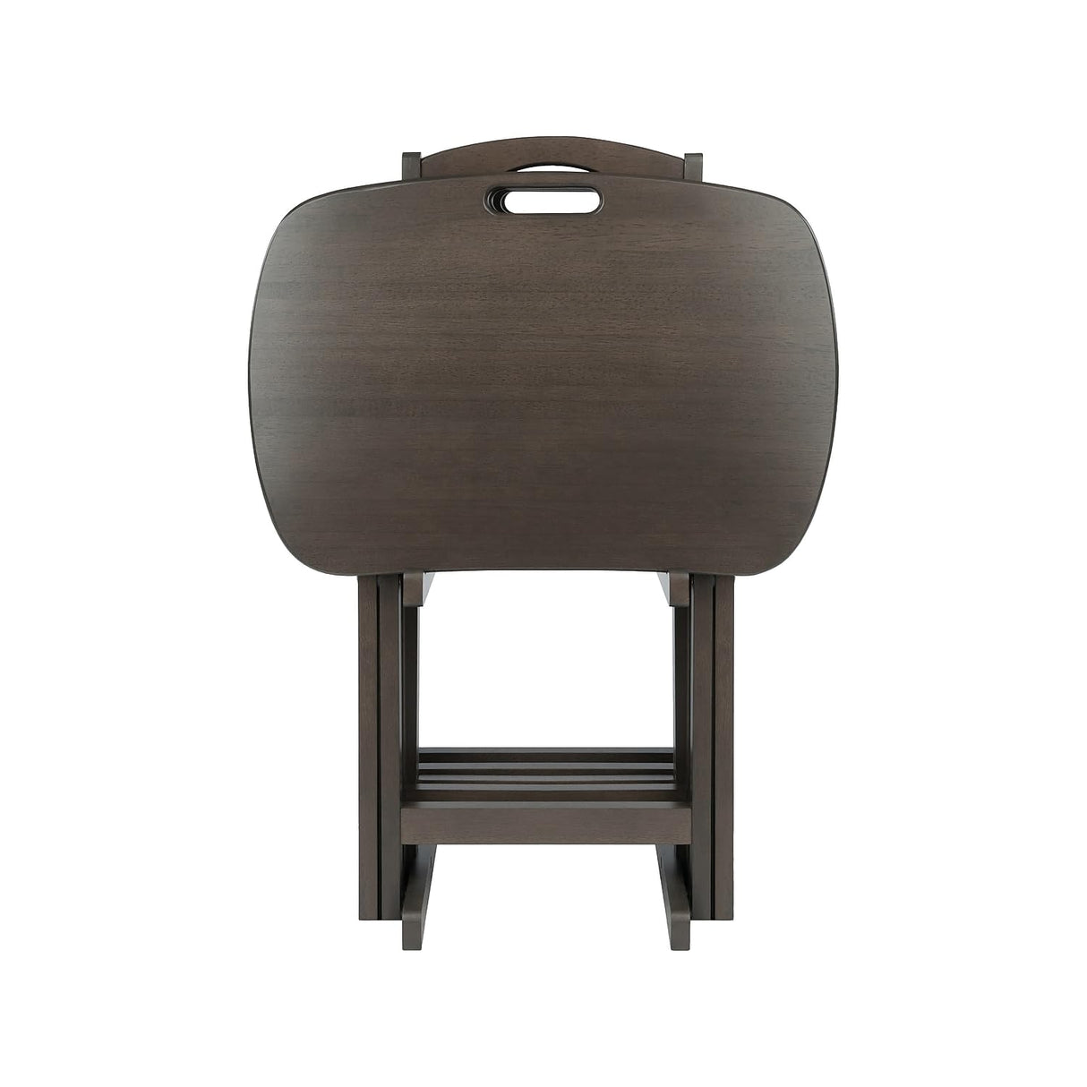 Oval snack tables with handle cutouts in gray finish