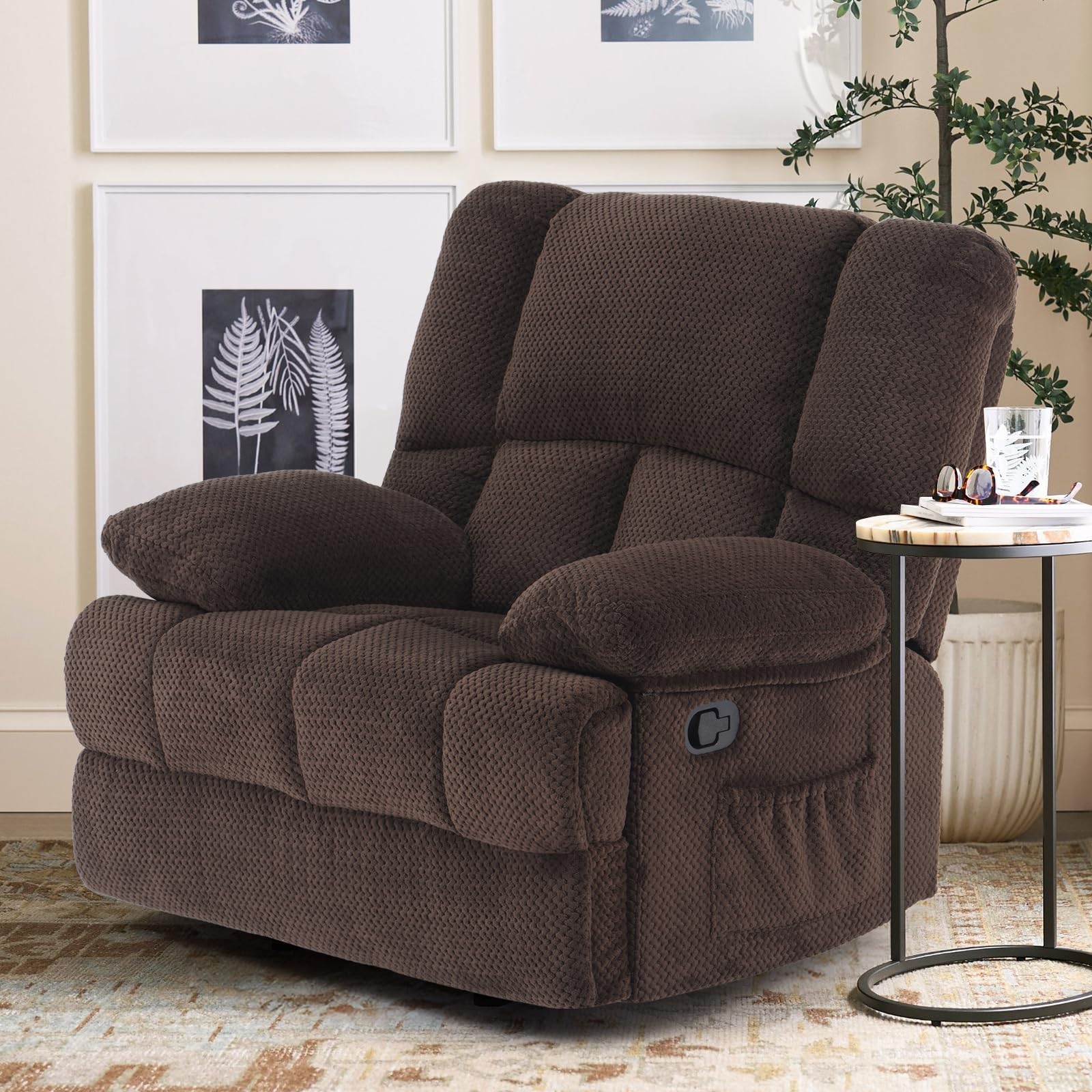 Oversized chocolate rocking recliner chair in living room