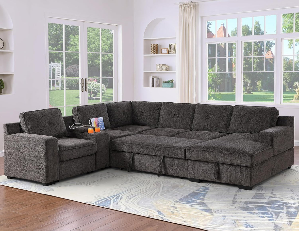 Oversized living room sofa with USB, cup holder, and storage chaise
