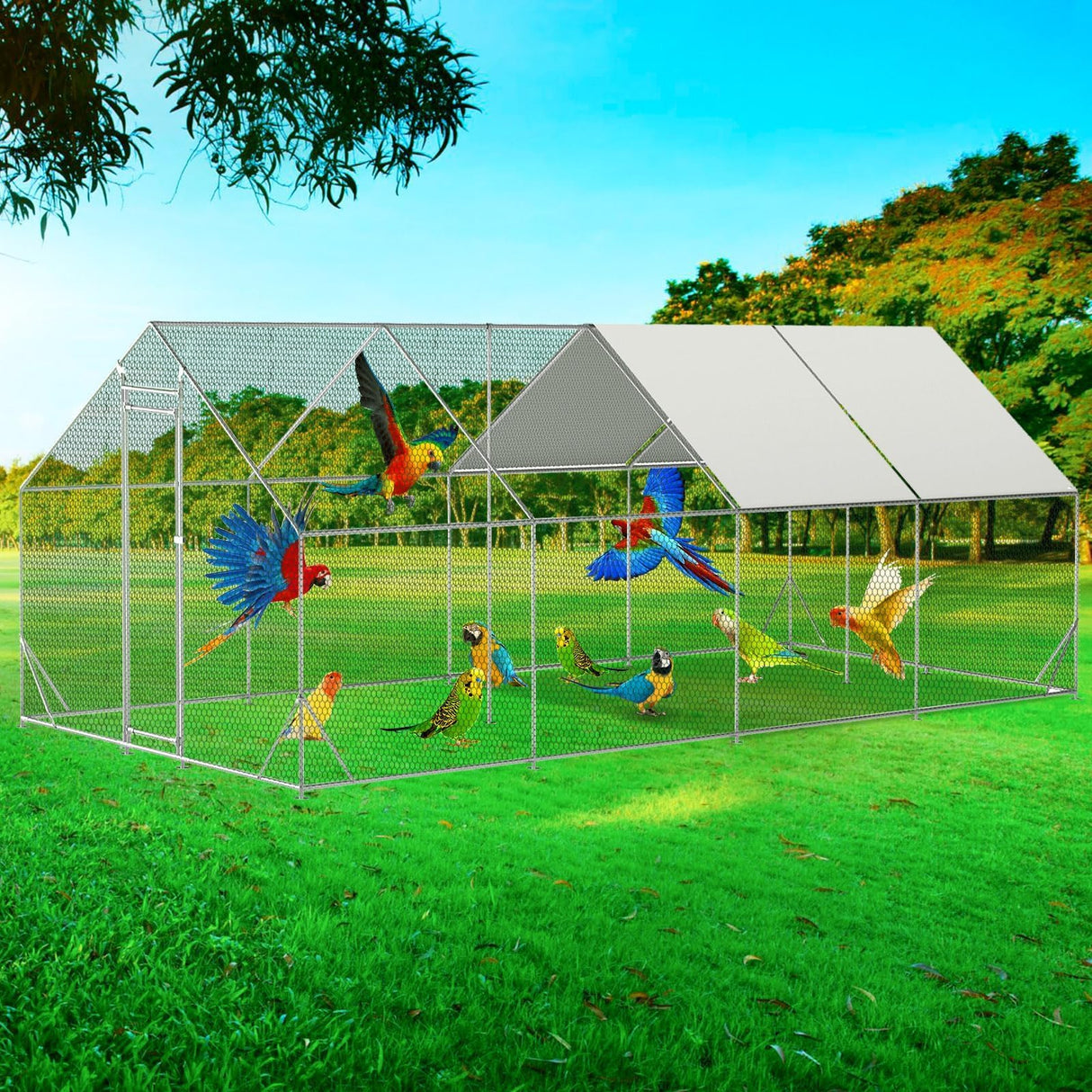 PVC-coated predator-proof mesh chicken run with triangular steel support