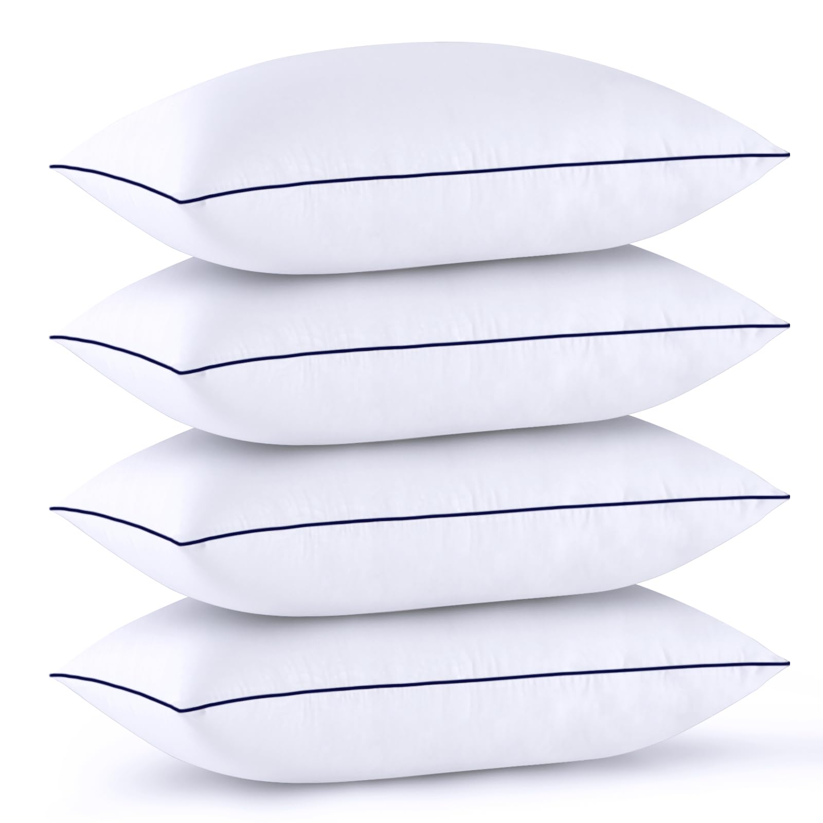 Pack of 4 soft white king size pillows stacked on top of each other with a sleek blue piping design.