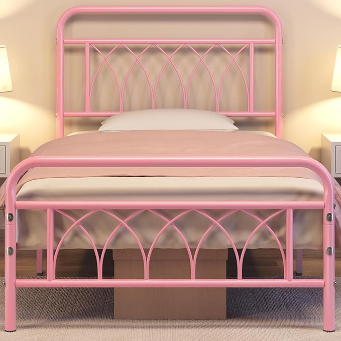 Twin Bed Frame Metal Platform Bed with Petal Accented Headboard/Footboard/14.4 Inch