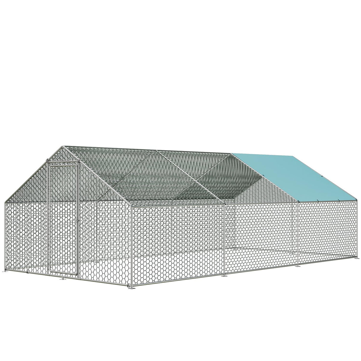 PredaSafe metal walk-in chicken coop with spire roof and wire mesh
