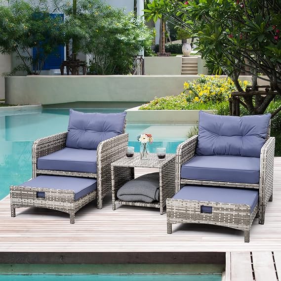 5 Pieces Outdoor Patio Wicker Chairs Set with Ottoman