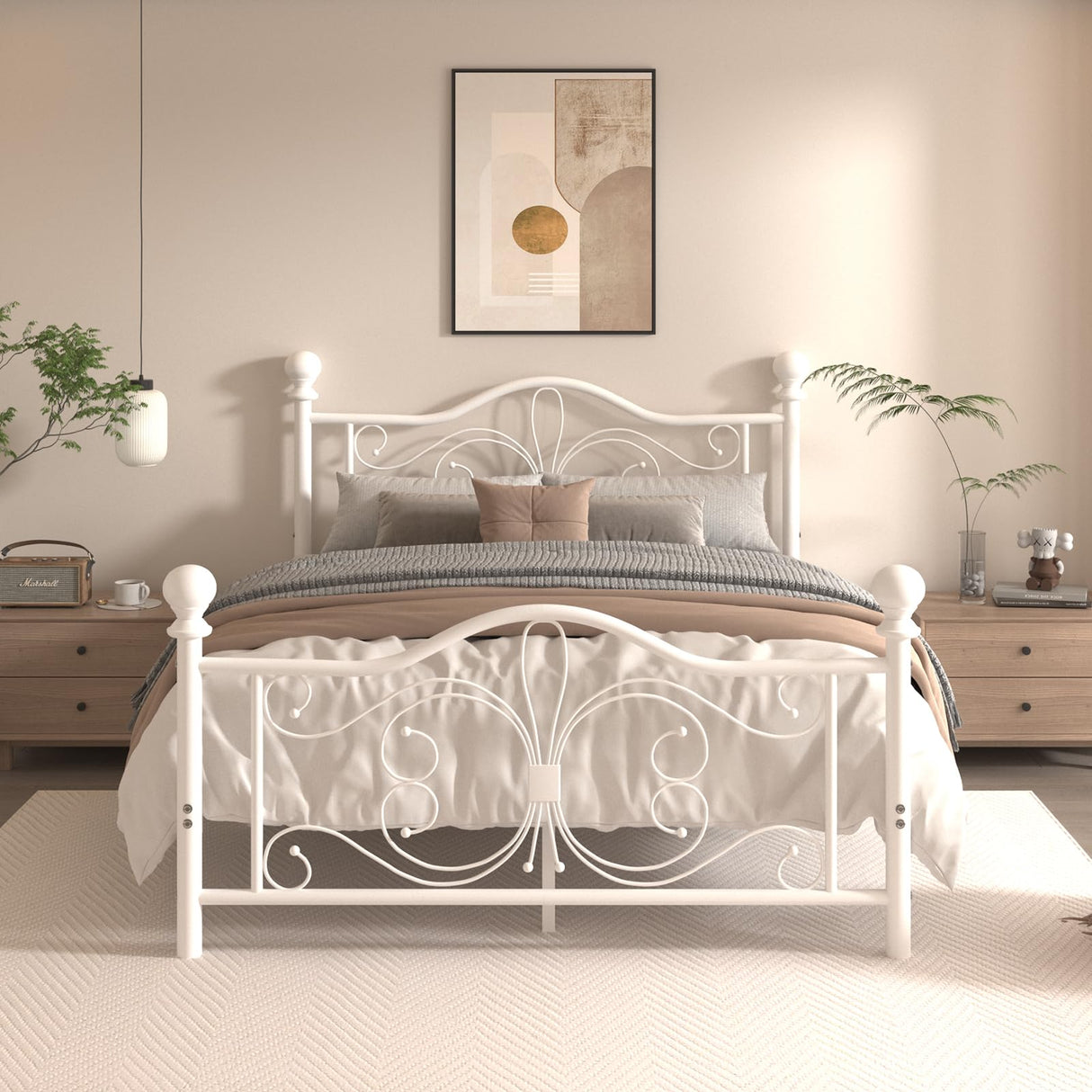 Queen-size white metal bed frame with butterfly headboard in a modern bedroom