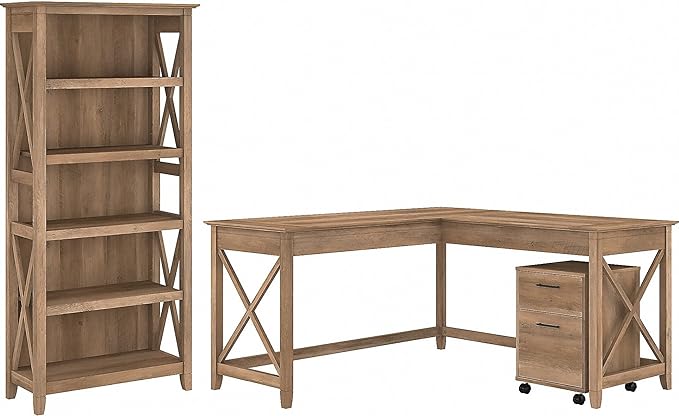 Key West 60W L Shaped Desk with Mobile File Cabinet and 5 Shelf Bookcase