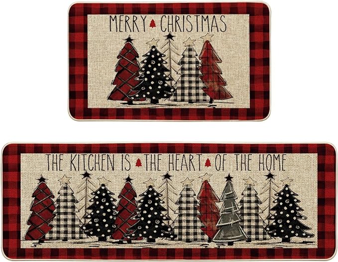 Buffalo Plaid Xmas Tree Merry Christmas Kitchen Mats Set of 2