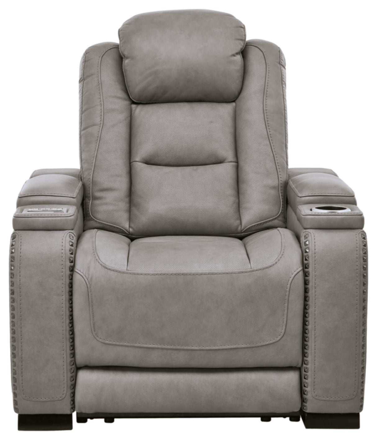 RelaxPro Volt leather power recliner in gray with wireless charging and USB