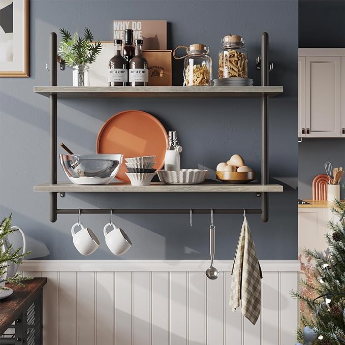 Pipe Shelf Industrial Floating Shelving Kitchen Wall-Mounted Shelf with Towel Bar Hooks
