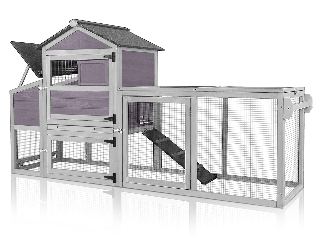 RoostEase mobile chicken coop with wheels, nesting box, and large playpen