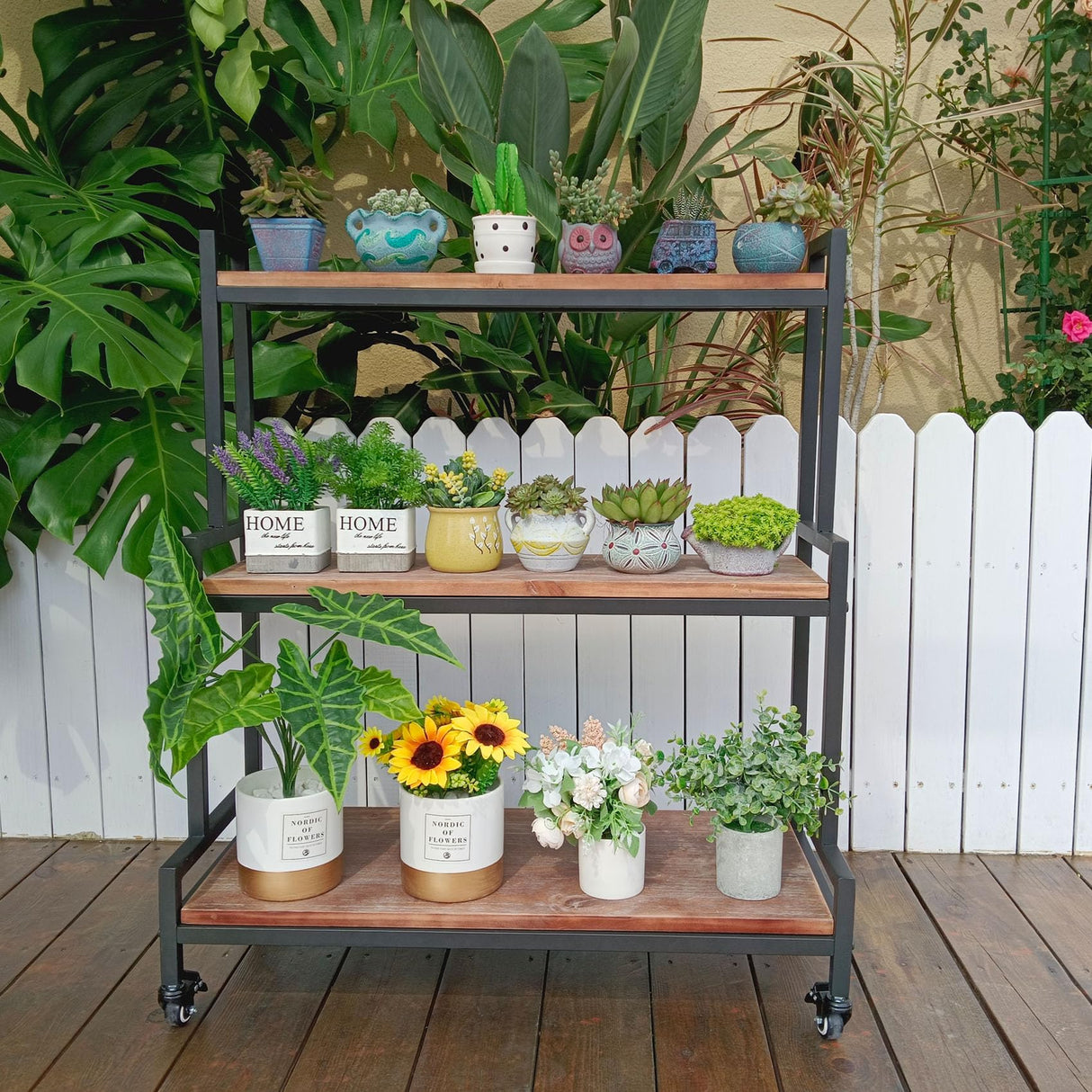 Rustic 3-tier rolling plant stand with wheels
