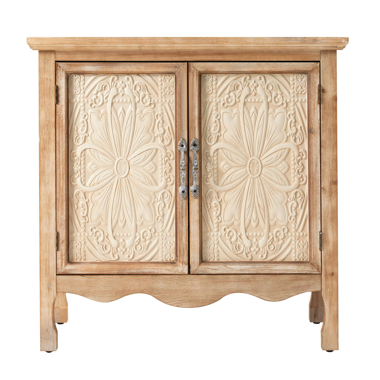 Rustic Flower Carved Cabinet – Front Closeup of Vintage Beige Doors