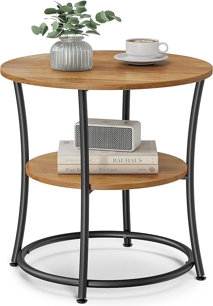 Side Table, Round End Table with 2 Shelves, Living Room
