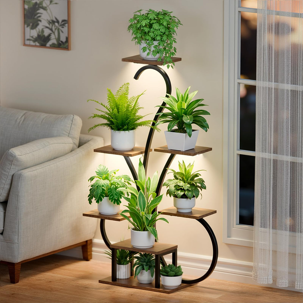 S-shaped metal plant stand with full-spectrum LED grow lights