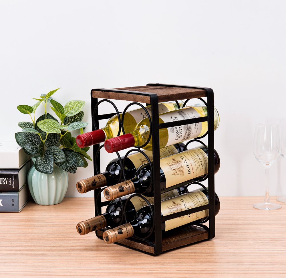 Side view of brown wood and black metal 6-bottle wine rack