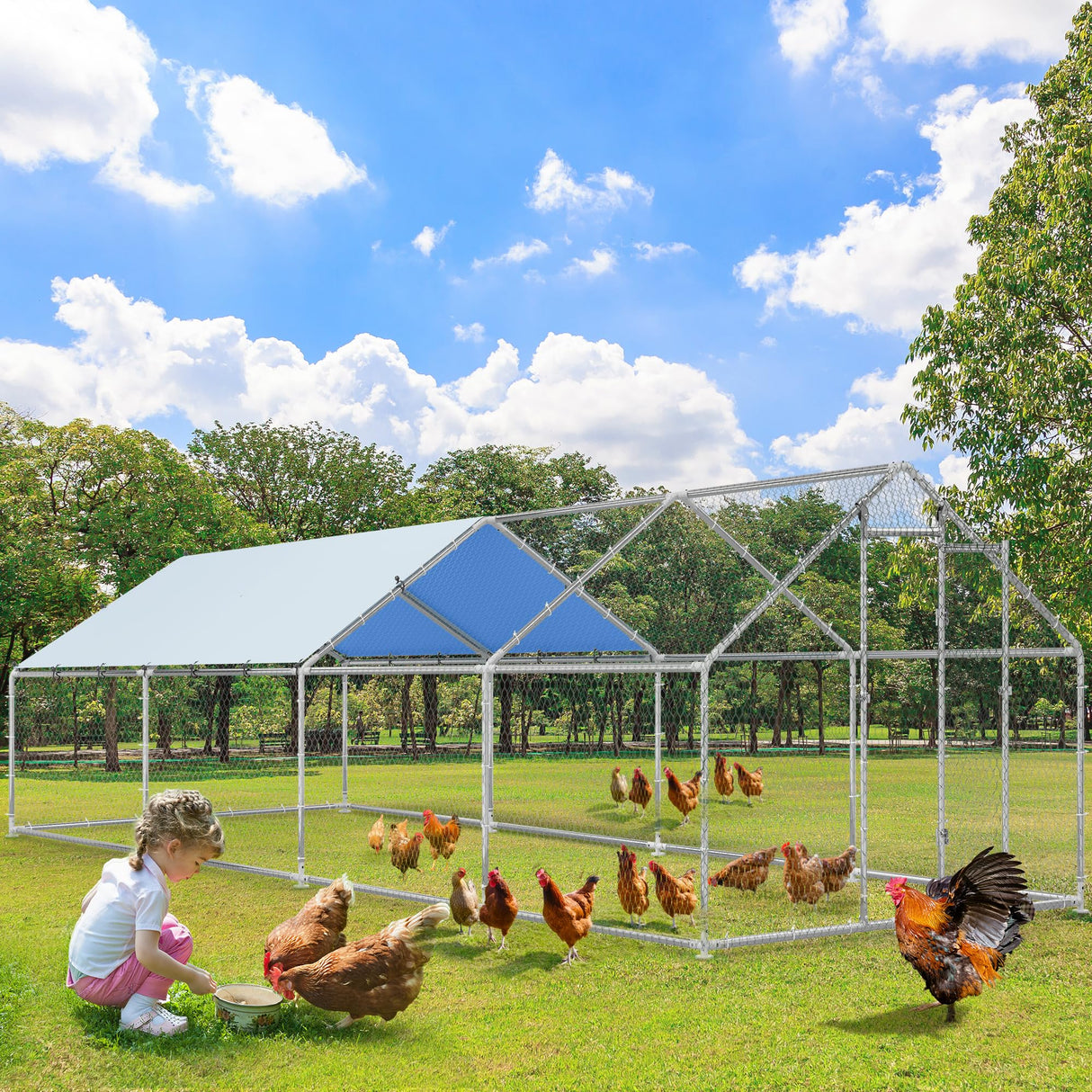 SkyDome XL walk-in metal chicken coop with UV tarp cover