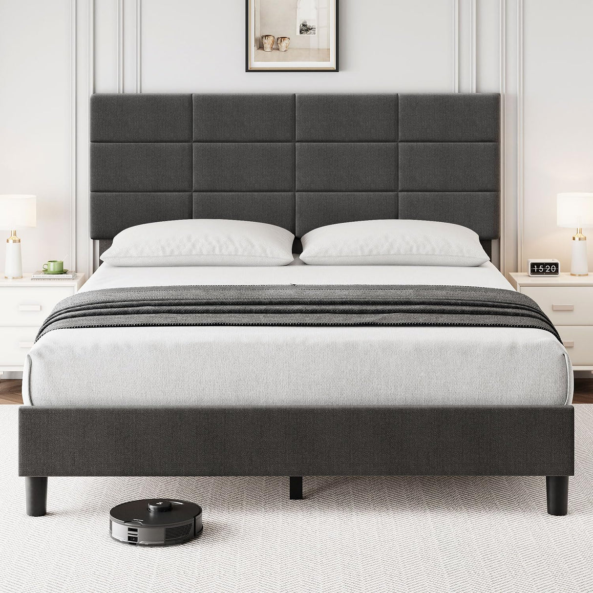 SleepNest Luxe Full-Size Bed Frame in Grey Linen with Adjustable Headboard