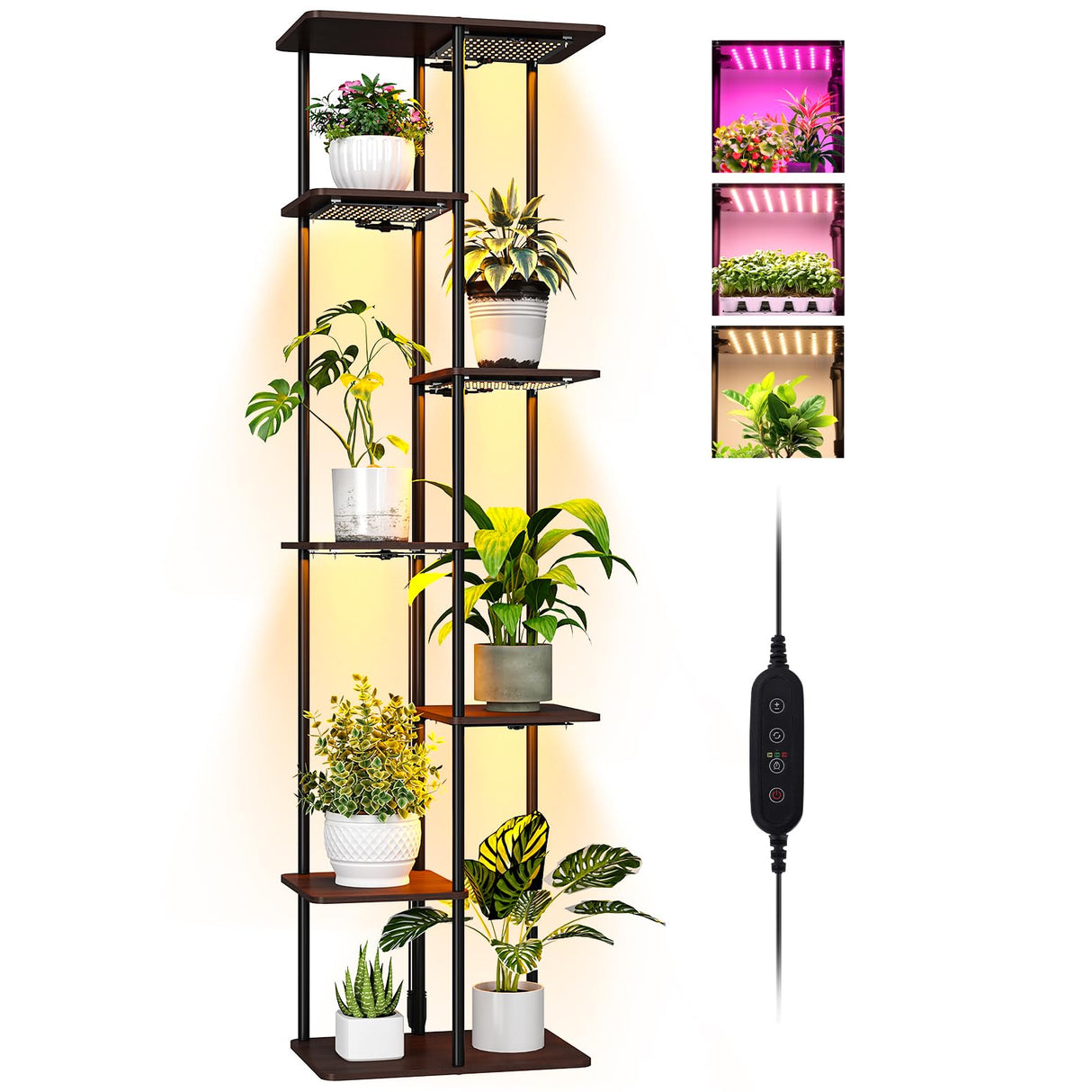 Space-saving wooden and metal plant shelf with full-spectrum lighting