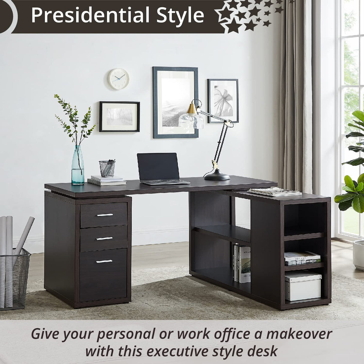 Spacious L-Shaped Office Desk with Open Storage Shelves