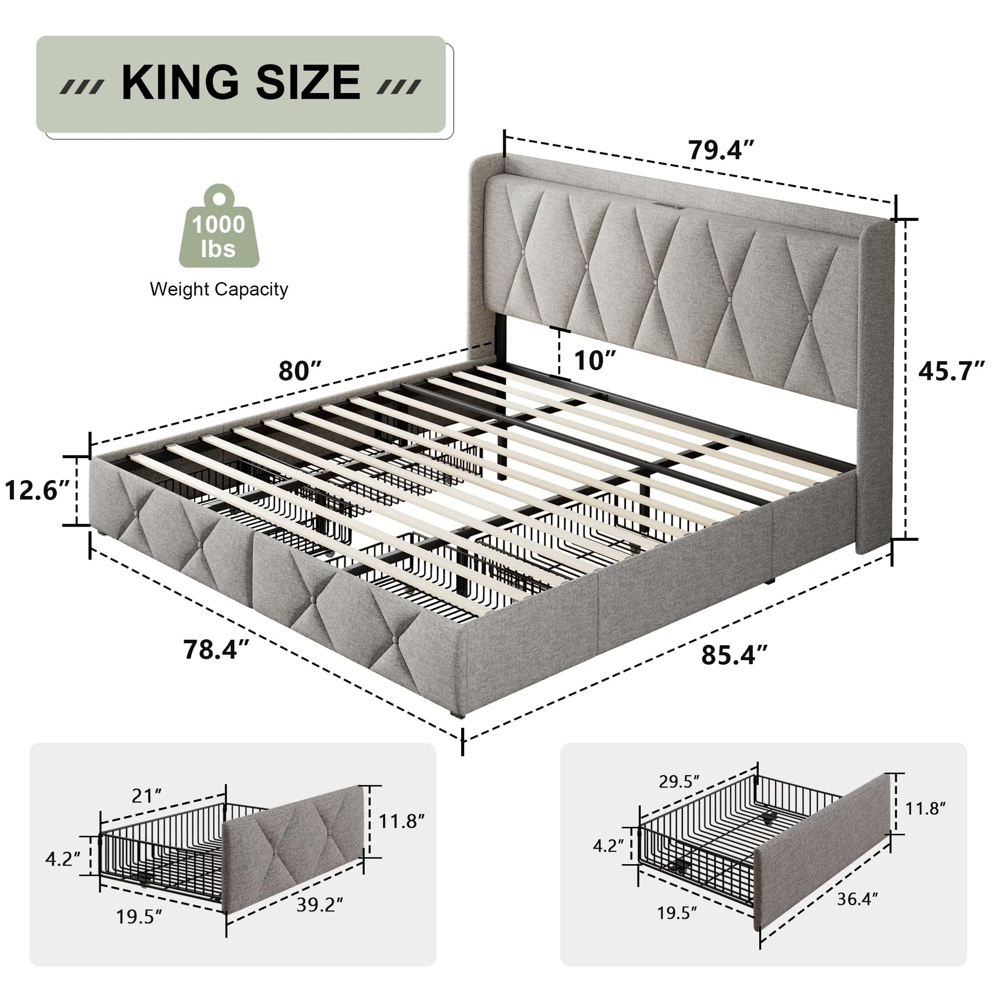 Spacious storage drawers under the RegalNest Luxe King Bed Frame dimesnions