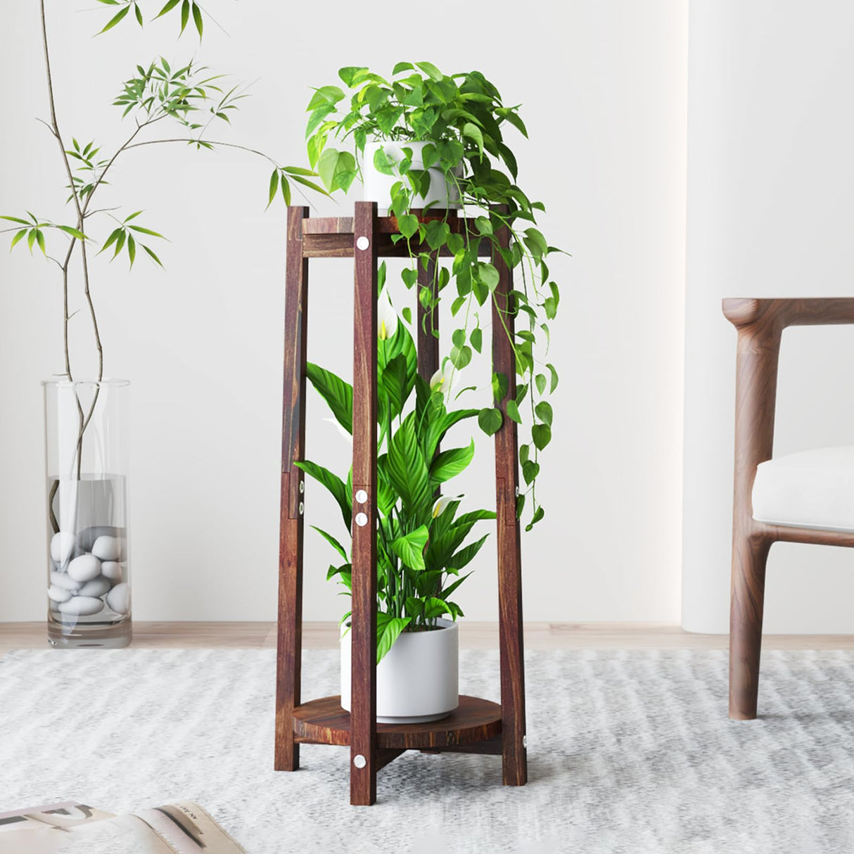 Tall 2-tier wooden plant stand for indoor and outdoor use