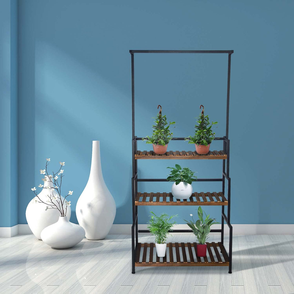 Tall Metal Plant Stand with Hanging Hooks and Wood Shelves