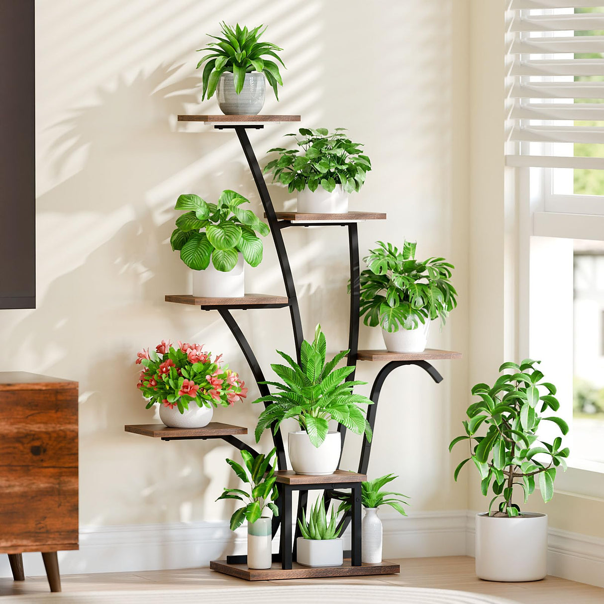 Tall indoor plant stand for multiple potted plants