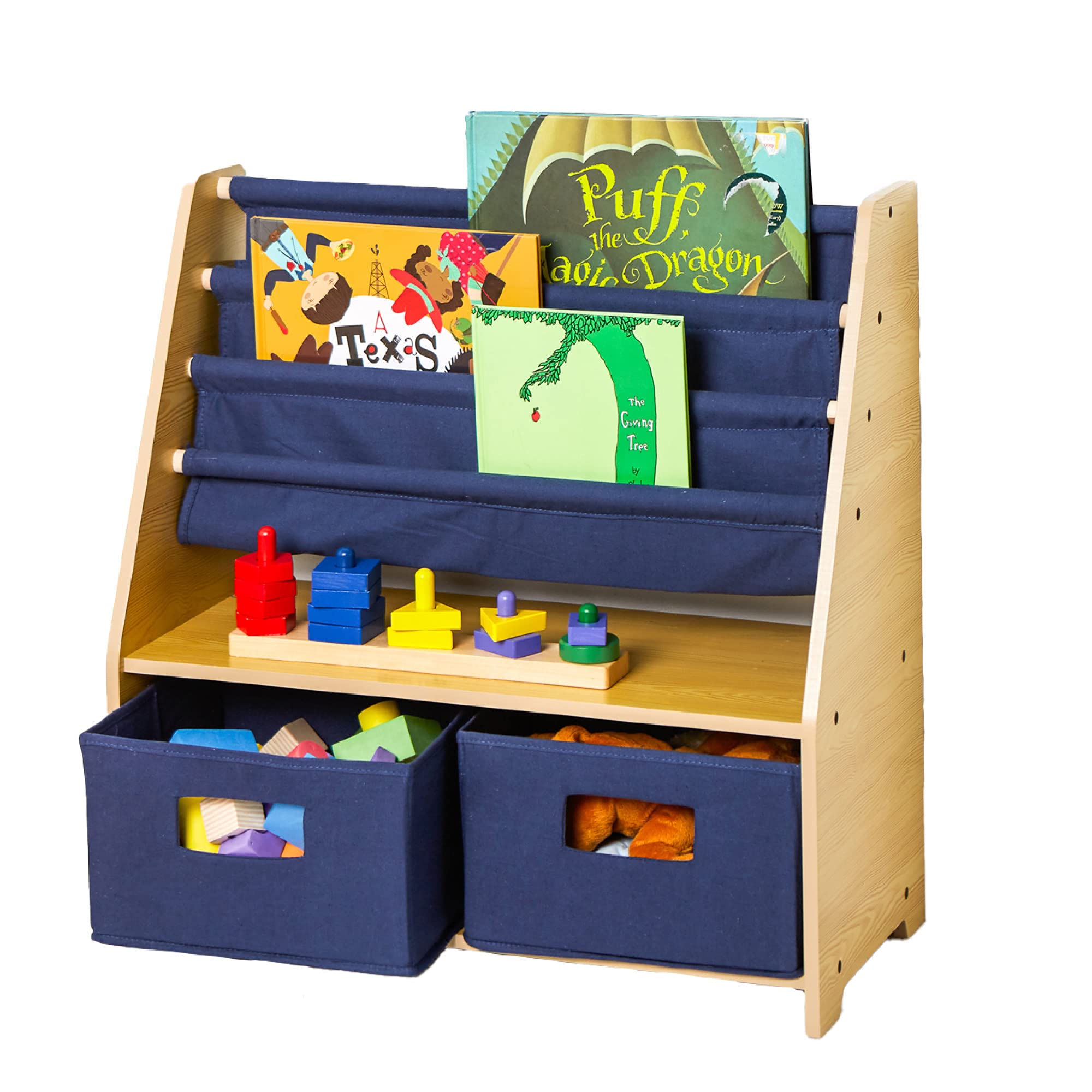Two pull-out fabric storage bins for toys
