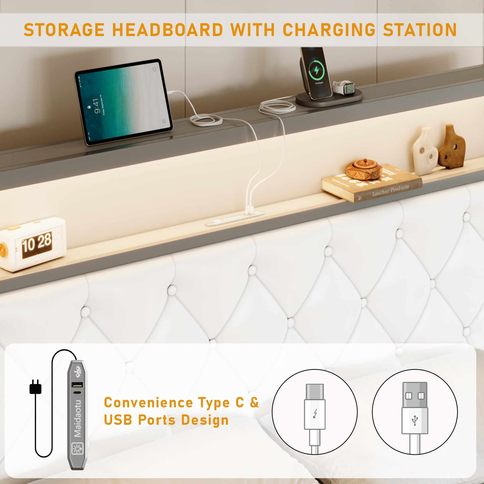 USB charging ports on LuxoraGlow Bed Frame headboard