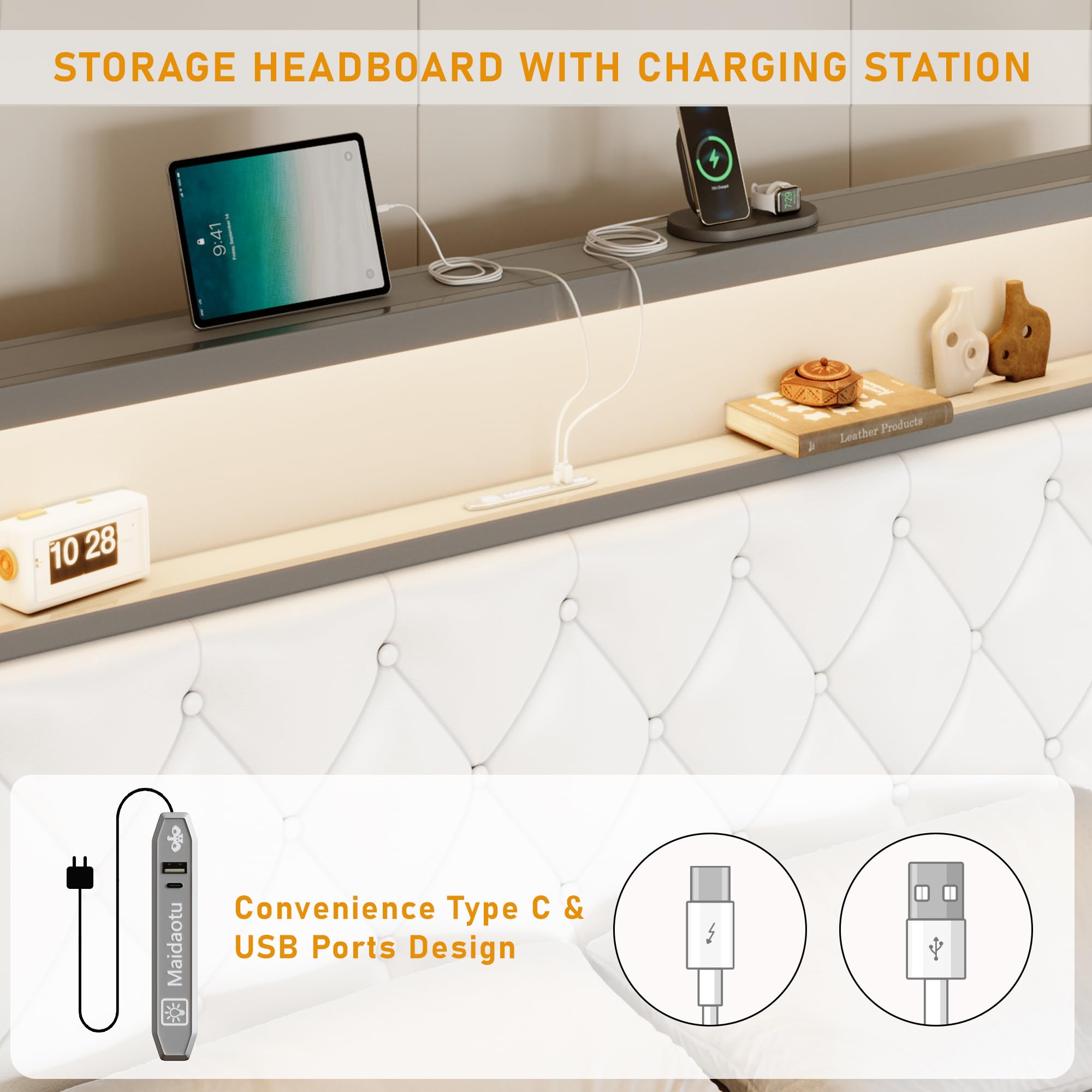 USB charging ports on LuxoraGlow Bed Frame headboard