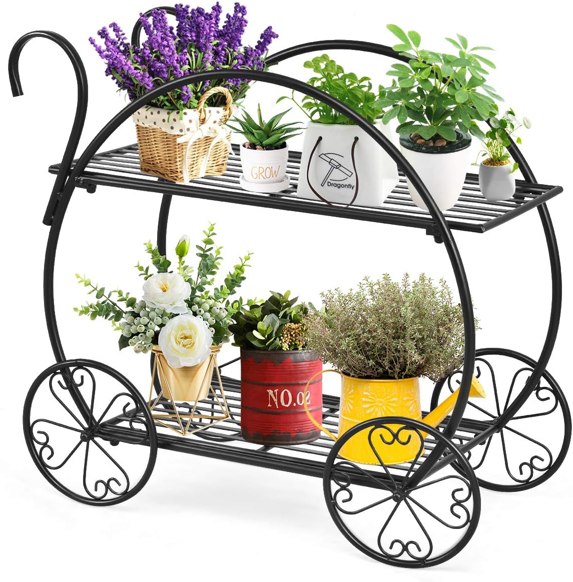 Vintage-style black metal plant stand with decorative wheels