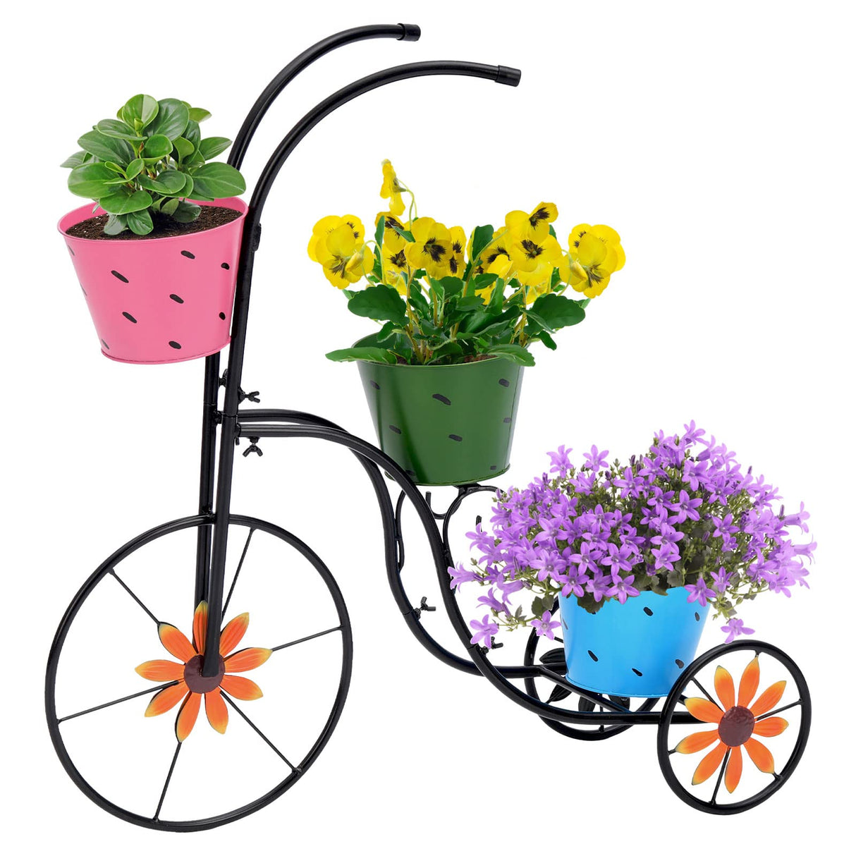 Vintage bicycle metal plant stand with three bucket planters
