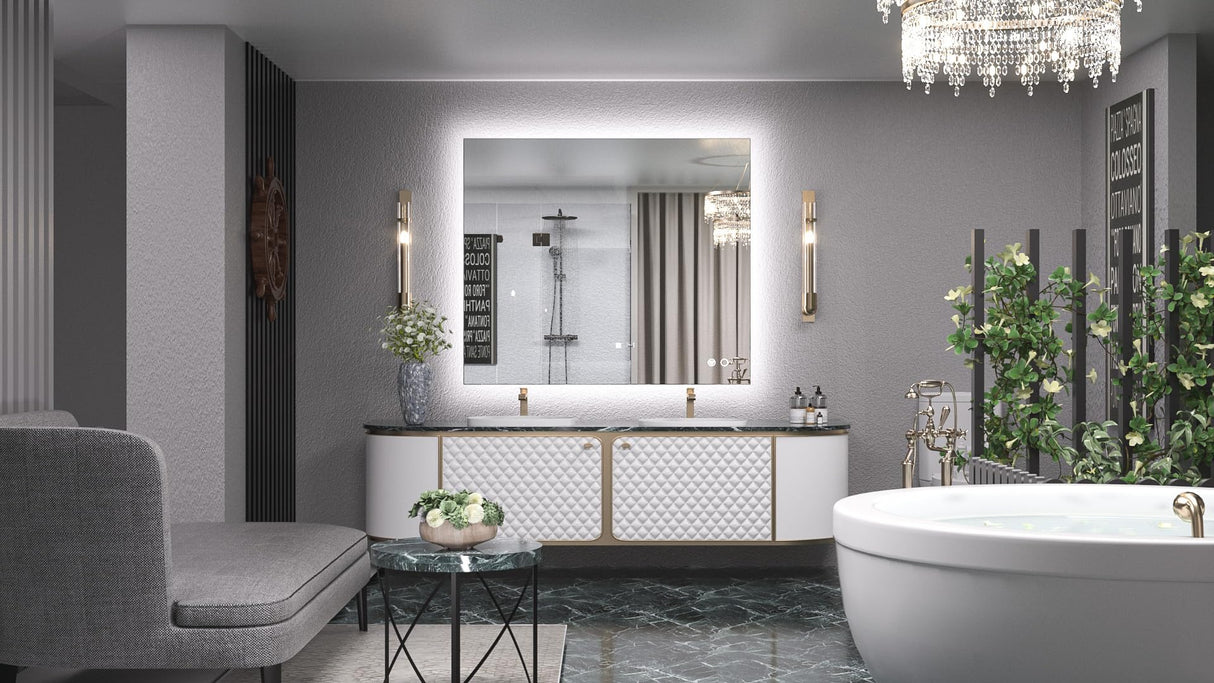 Wall-mounted LED mirror showing stepless dimming feature.