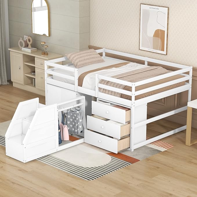 Designs Full Size Loft Bed with Stairs and Storage Drawers