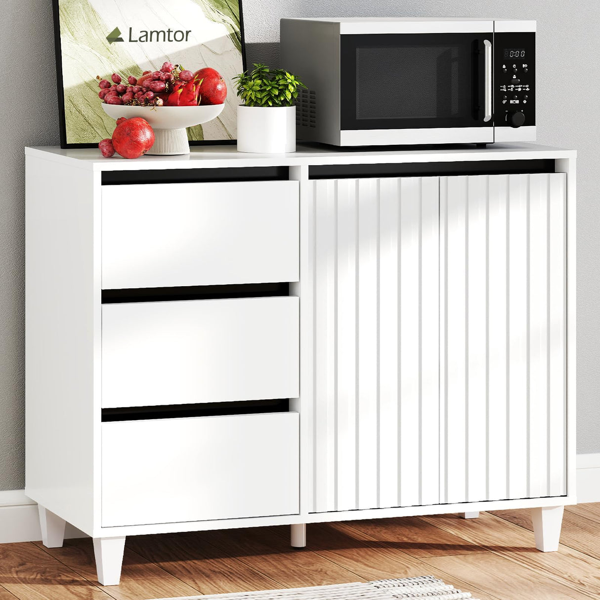 White Fluted Sideboard Buffet Cabinet with Storage
