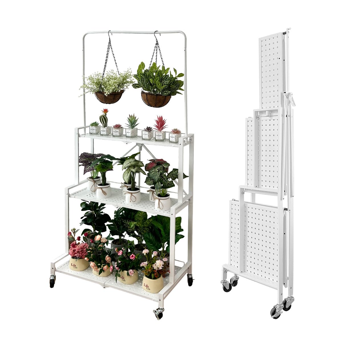 White Foldable 4-tier hanging plant stand with wheels