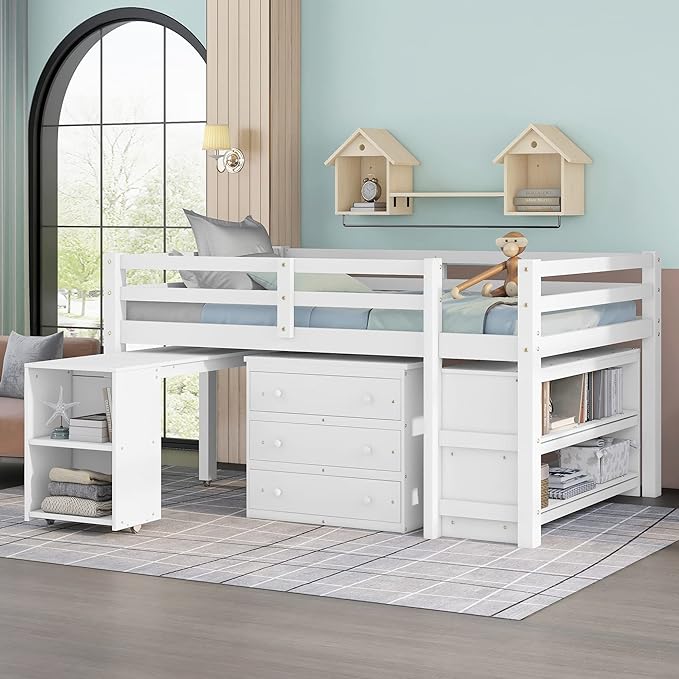 Designs Full Size Loft Bed with Stairs and Storage Drawers