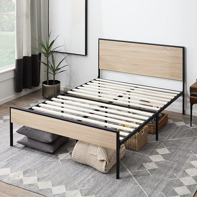 Carson Metal Platform Bed Frame with Wood Headboard